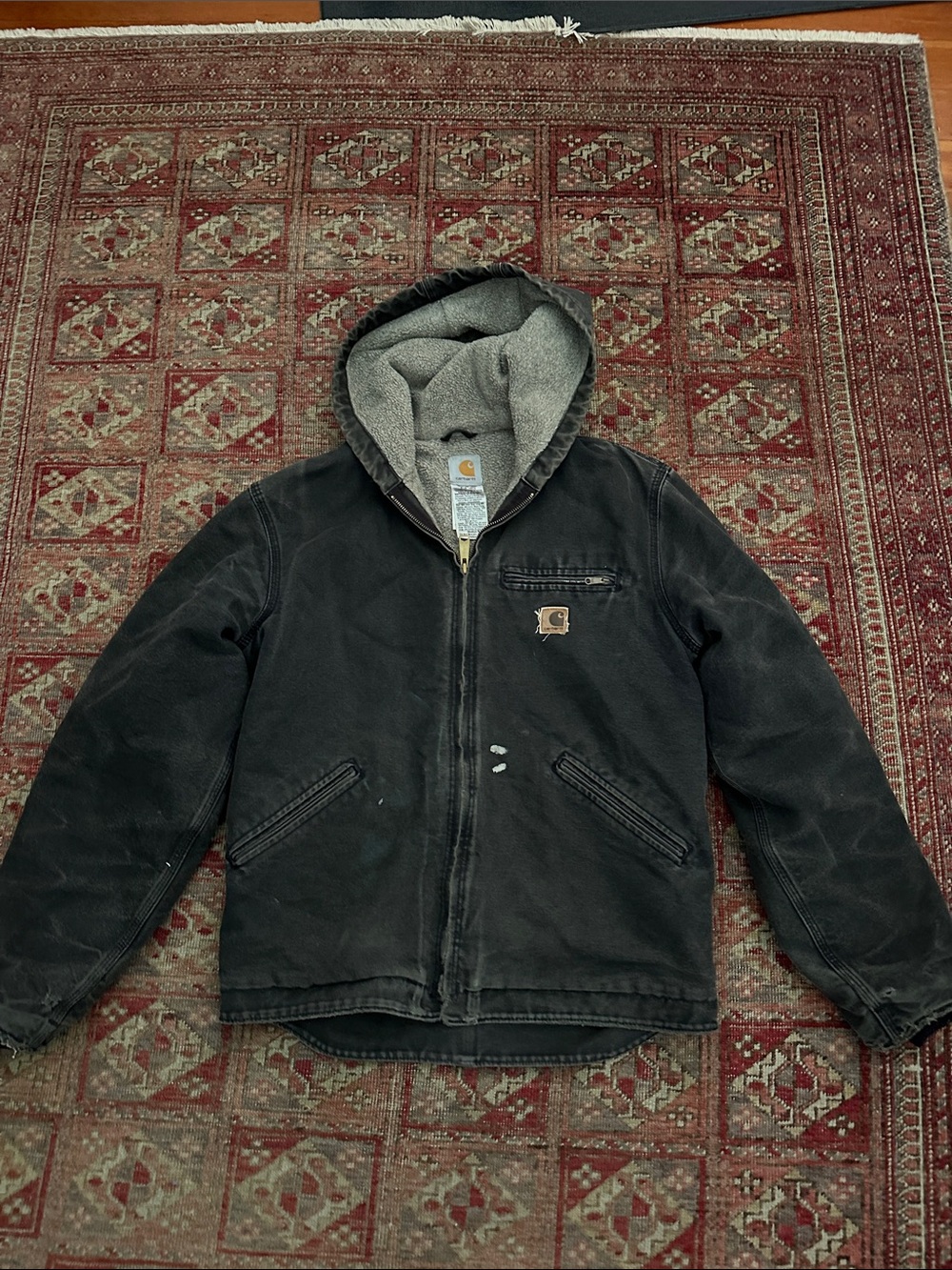 Carhartt faded Gray / Black Hooded Fleece-lined Jacket. Vintage. Paint flecks.